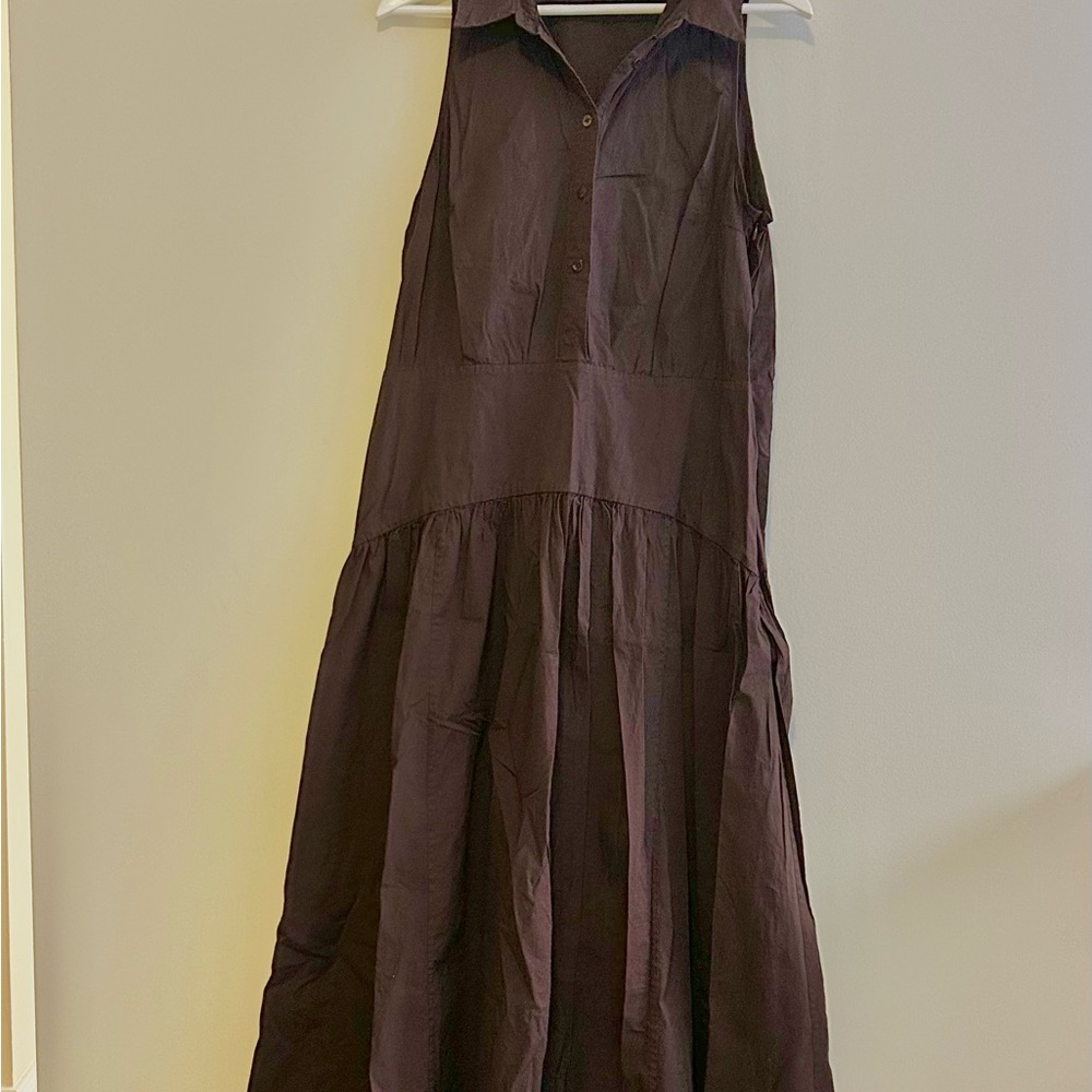 Staud Romy Midi Dress Earth Cafe Brown Sleeveless Collared Drop Waist Size 16 - Picture 3 of 11